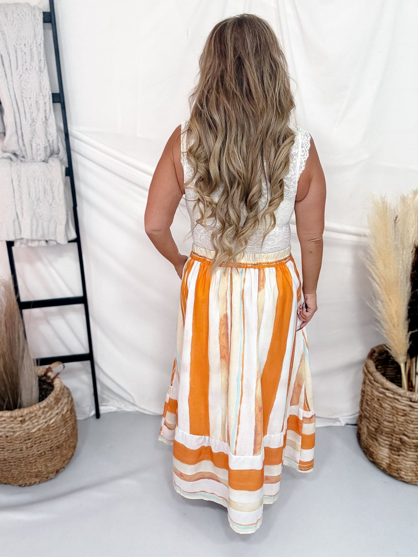 Orange & Cream Striped Midi Skirt - Whiskey Skies - POLAGRAM + BAEVELY