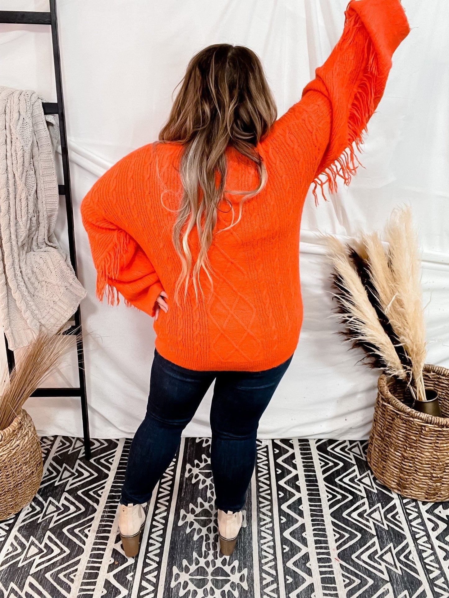 Orange Dropped Shoulder V Neck Sweater - Whiskey Skies - DAVI & DANI