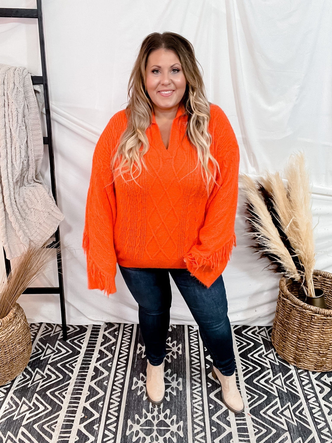 Orange Dropped Shoulder V Neck Sweater - Whiskey Skies - DAVI & DANI