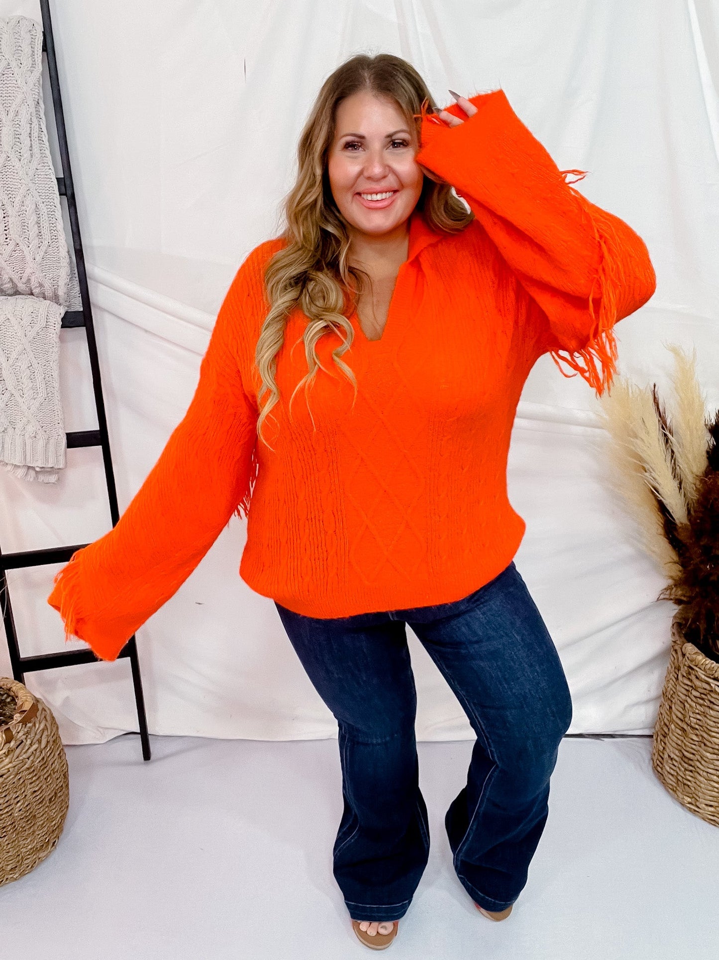 Orange Dropped Shoulder V Neck Sweater - Whiskey Skies - DAVI & DANI