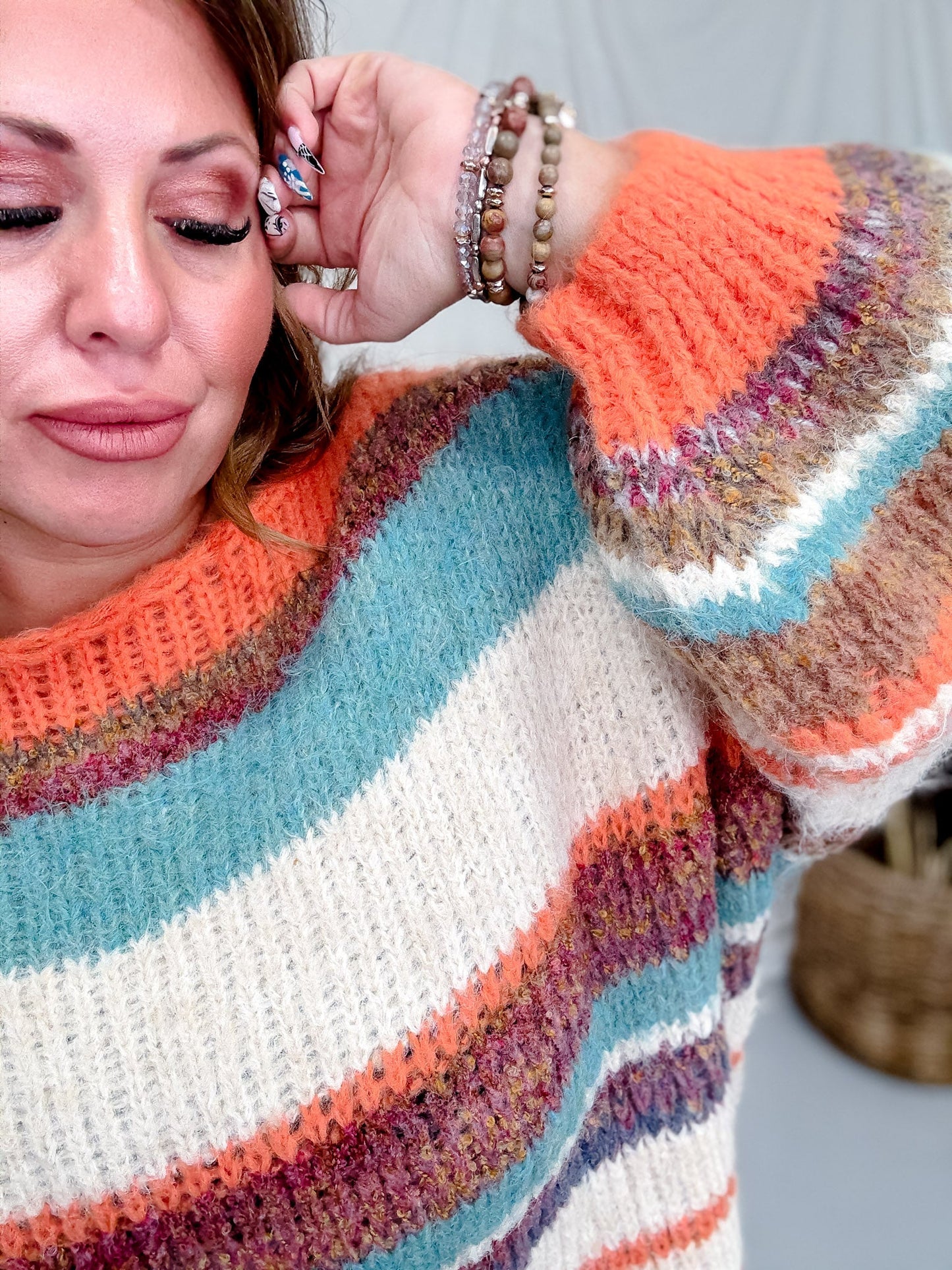 Orange Multi Colored Striped Crew Neck Knit Sweater - Whiskey Skies - DAVI & DANI