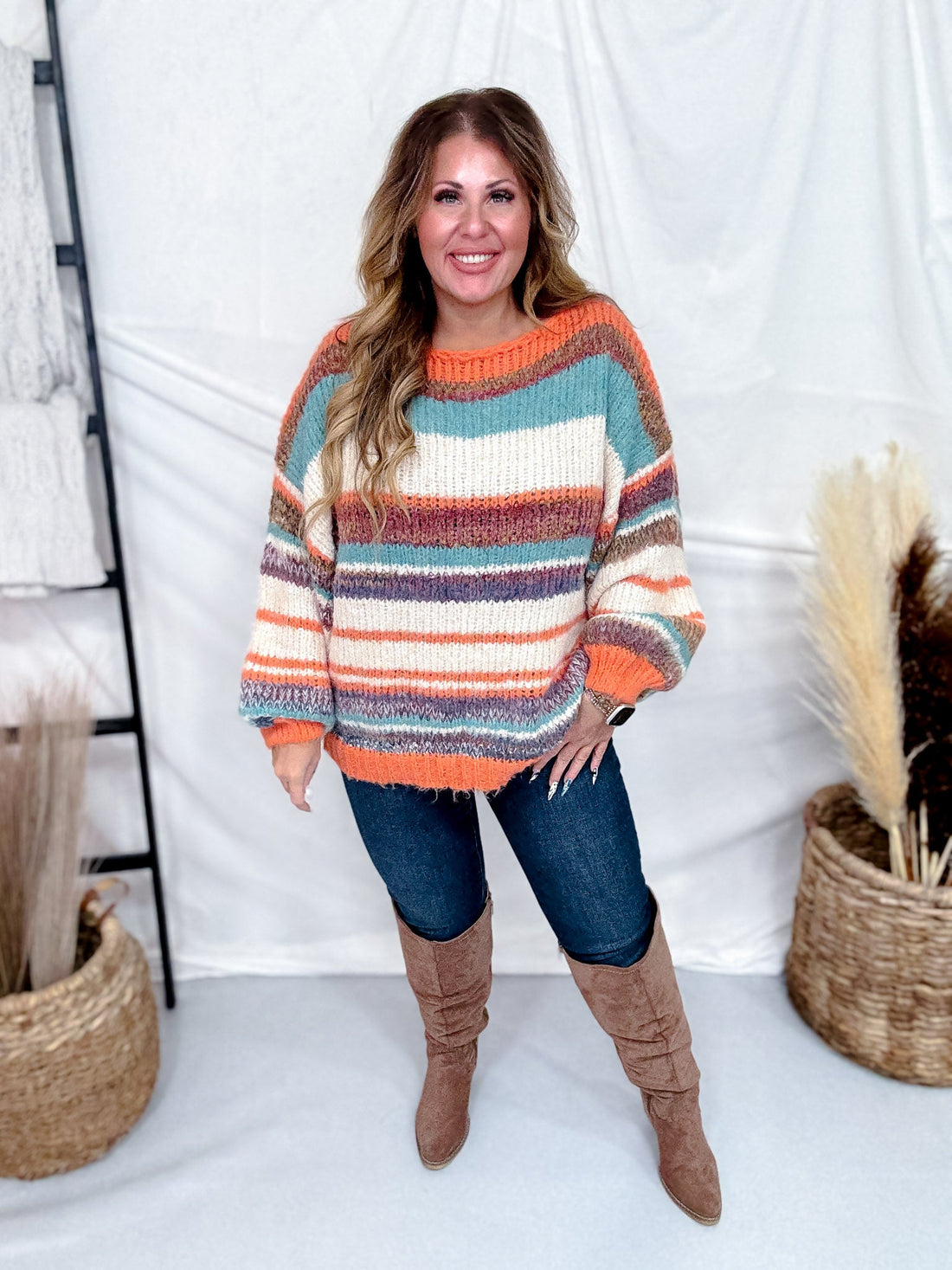 Orange Multi Colored Striped Crew Neck Knit Sweater - Whiskey Skies - DAVI & DANI