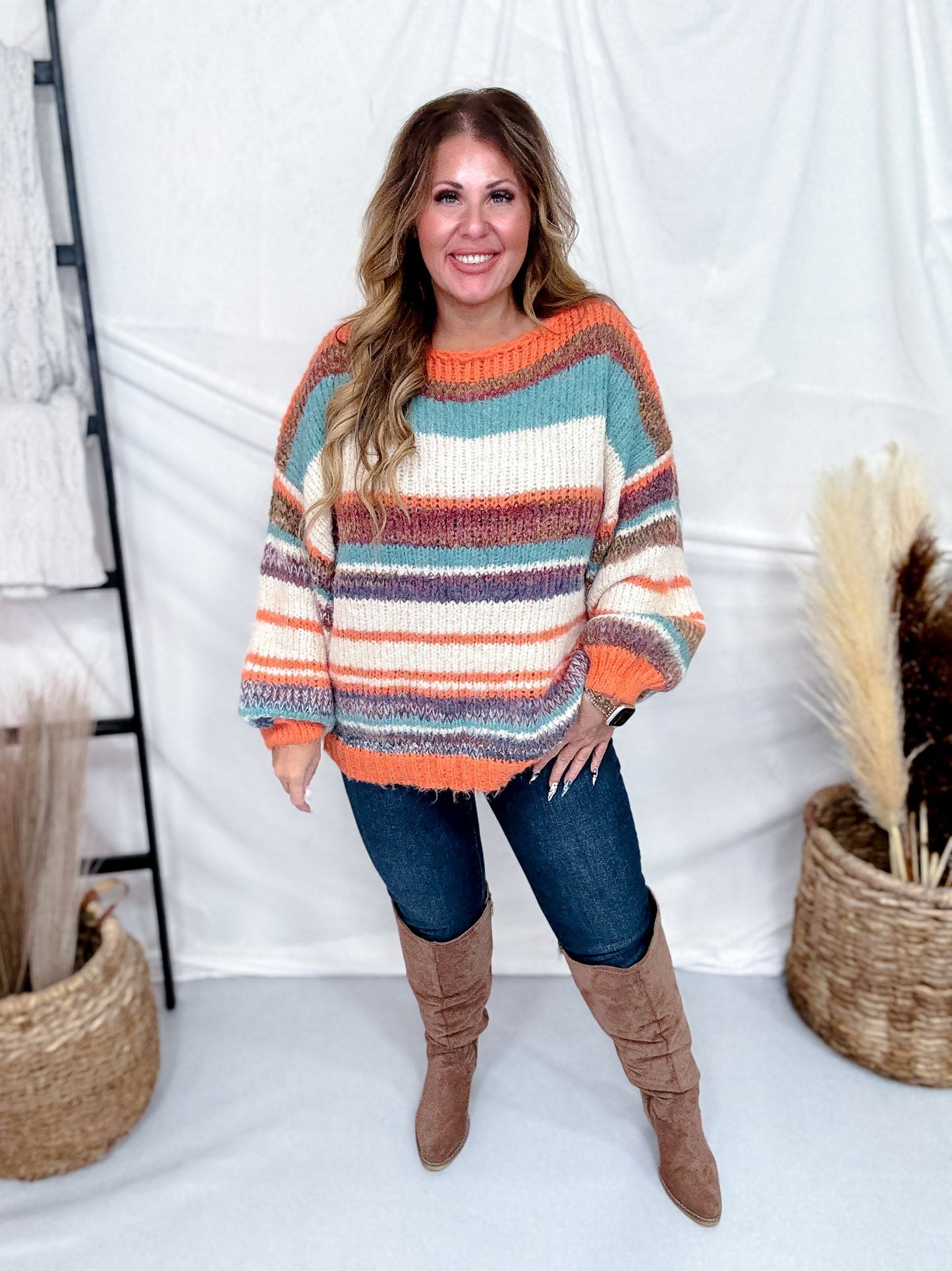 Orange Multi Colored Striped Crew Neck Knit Sweater - Whiskey Skies - DAVI & DANI