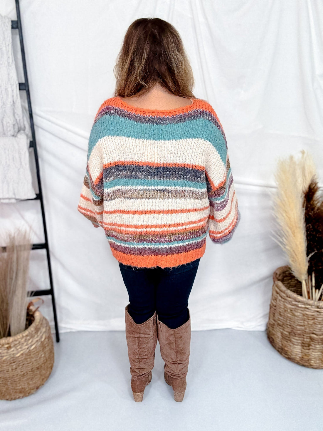 Orange Multi Colored Striped Crew Neck Knit Sweater - Whiskey Skies - DAVI & DANI