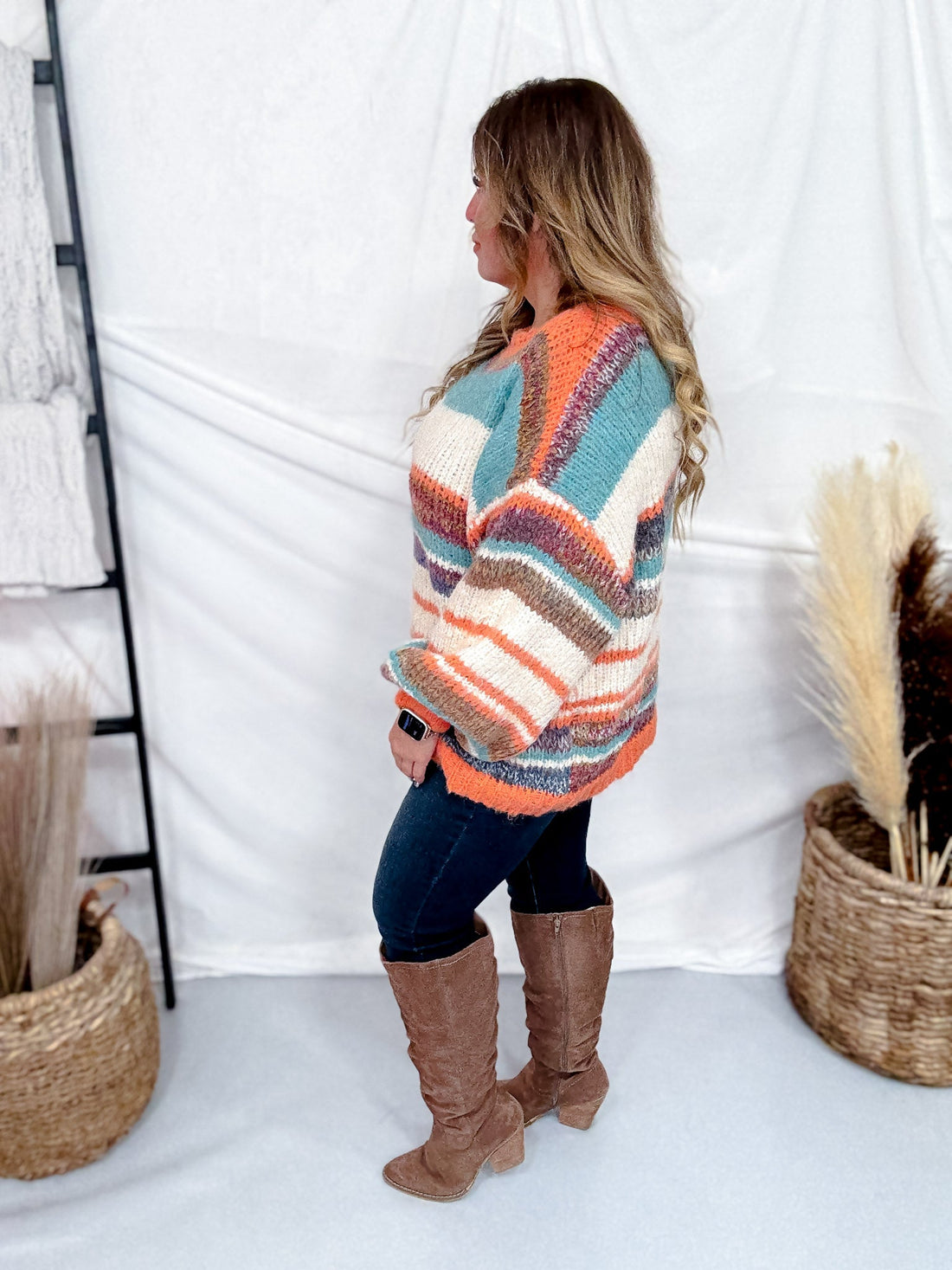 Orange Multi Colored Striped Crew Neck Knit Sweater - Whiskey Skies - DAVI & DANI