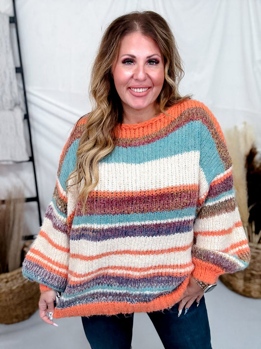 Orange Multi Colored Striped Crew Neck Knit Sweater - Whiskey Skies - DAVI & DANI