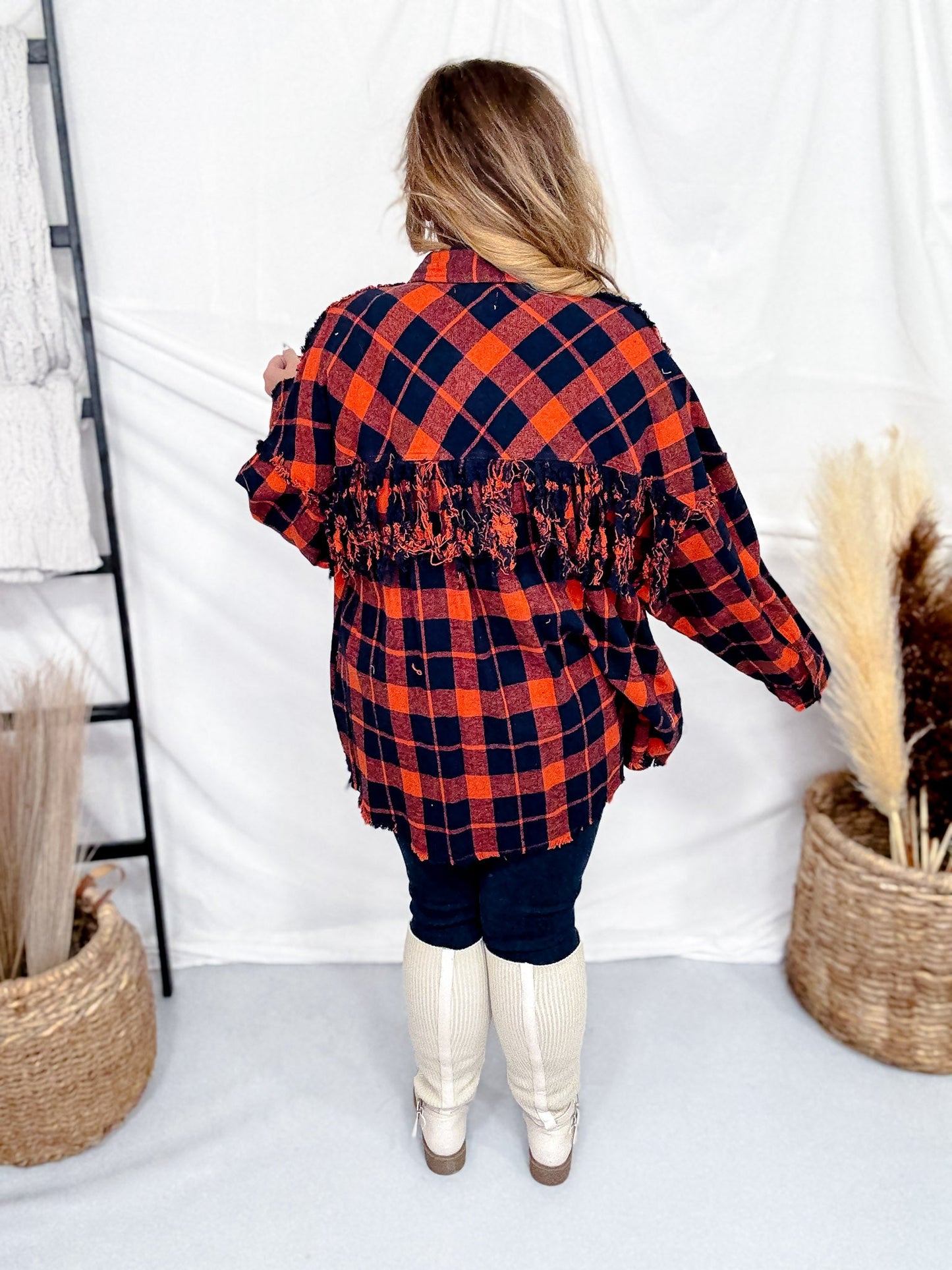Orange & Navy Back Fringe Plaid Button Down Shirt - Whiskey Skies - OLI & HALI