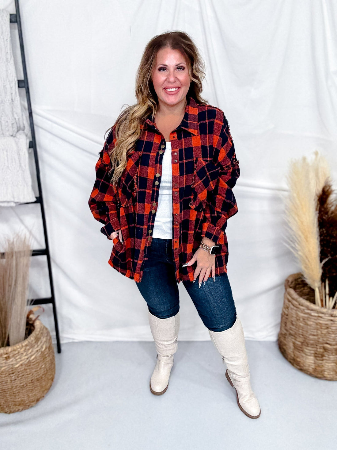 Orange & Navy Back Fringe Plaid Button Down Shirt - Whiskey Skies - OLI & HALI