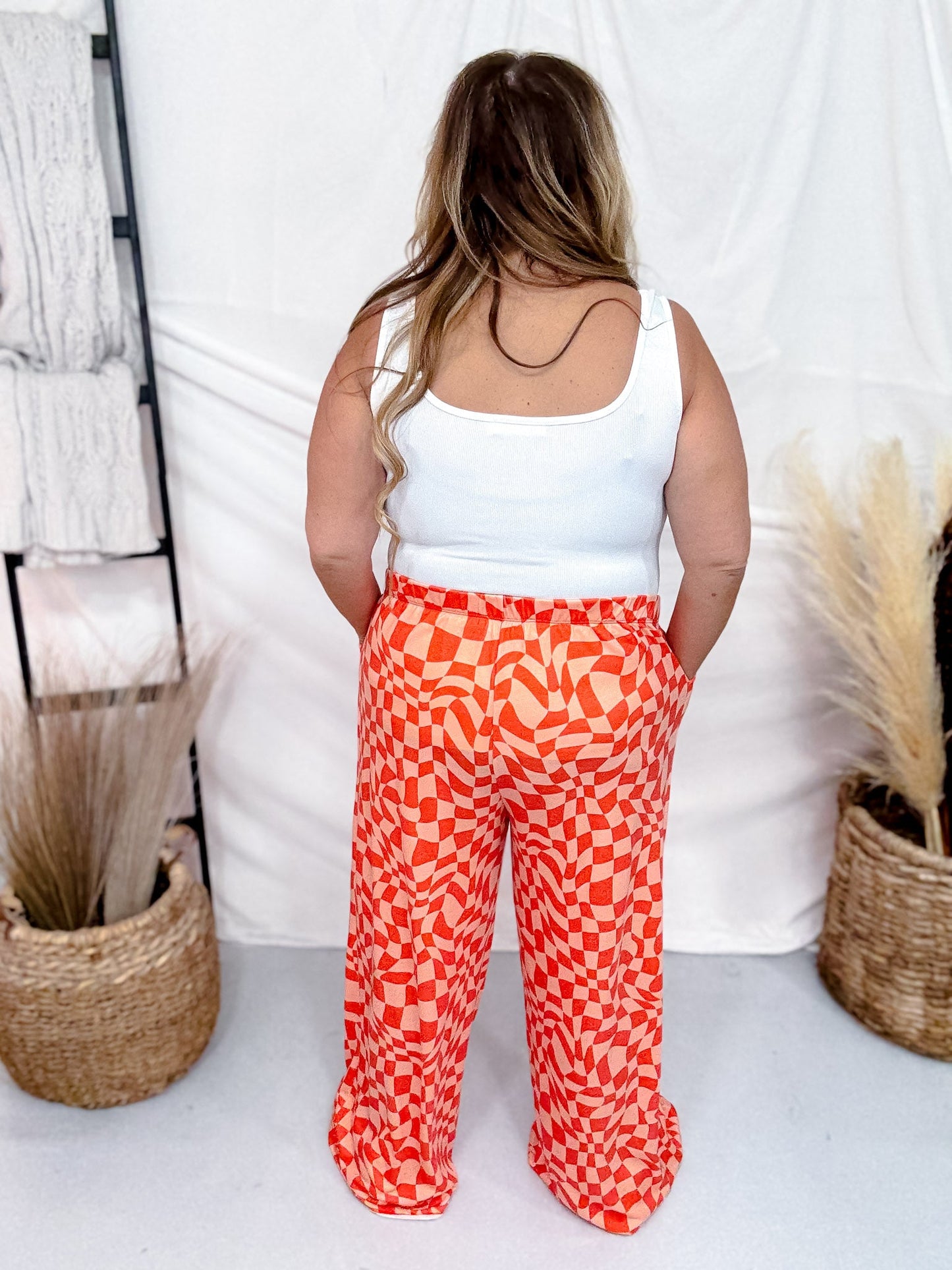 Orange & Peach Wavy Checkered Print High - Waist Straight Leg Pants - Whiskey Skies - JADE BY JANE