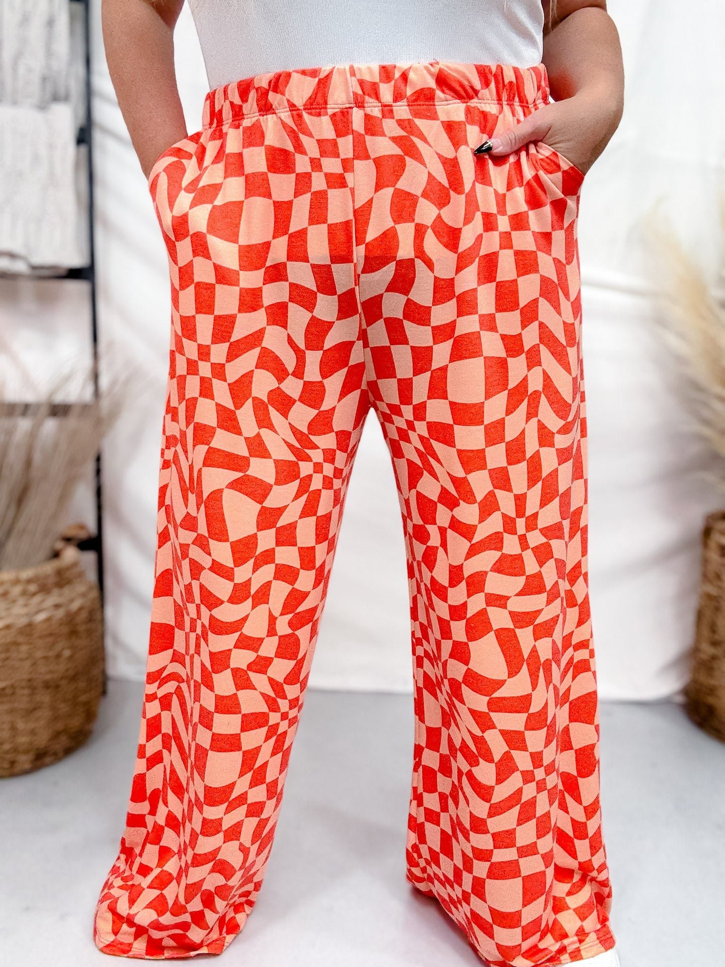 Orange & Peach Wavy Checkered Print High - Waist Straight Leg Pants - Whiskey Skies - JADE BY JANE