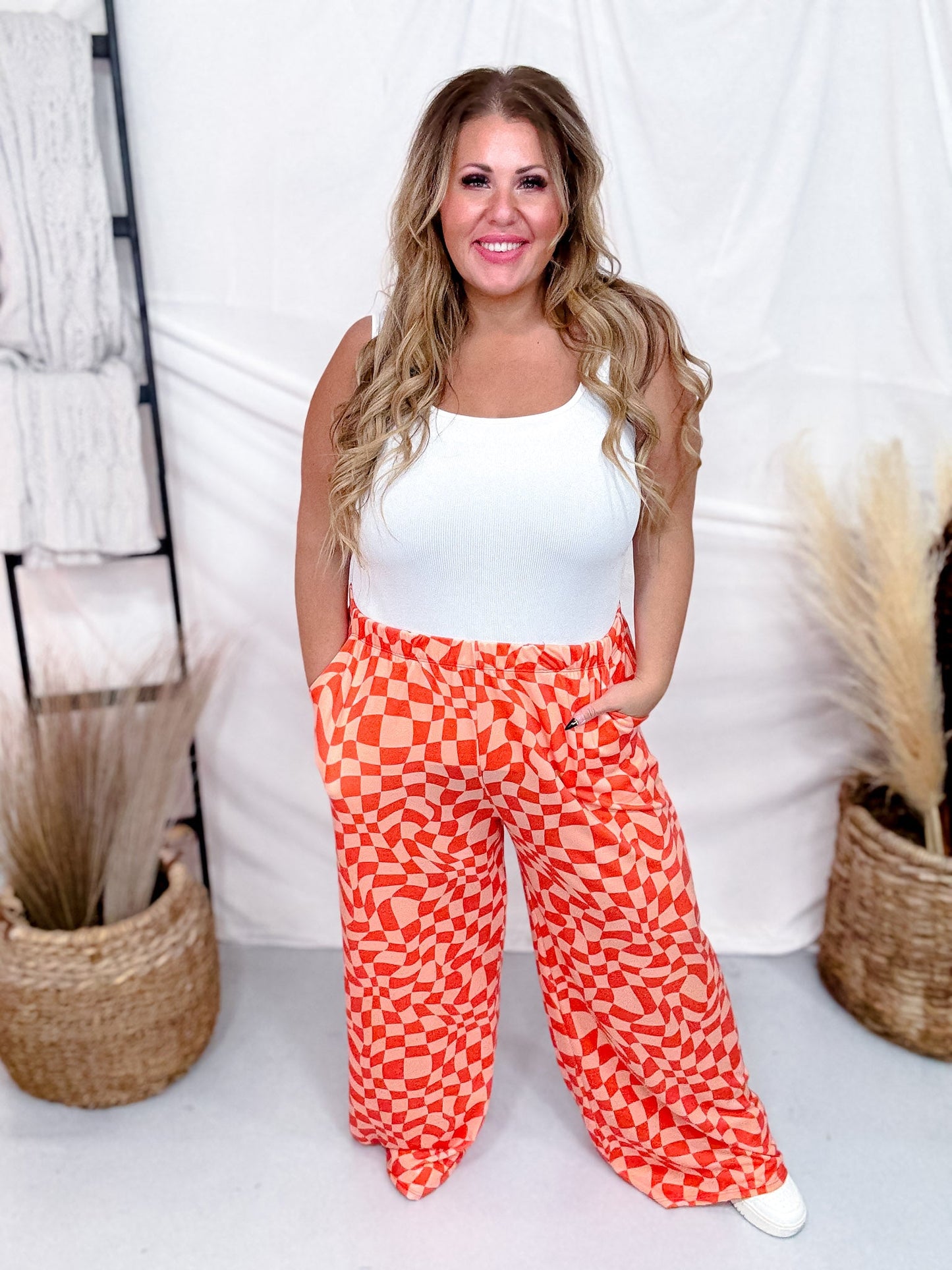 Orange & Peach Wavy Checkered Print High - Waist Straight Leg Pants - Whiskey Skies - JADE BY JANE