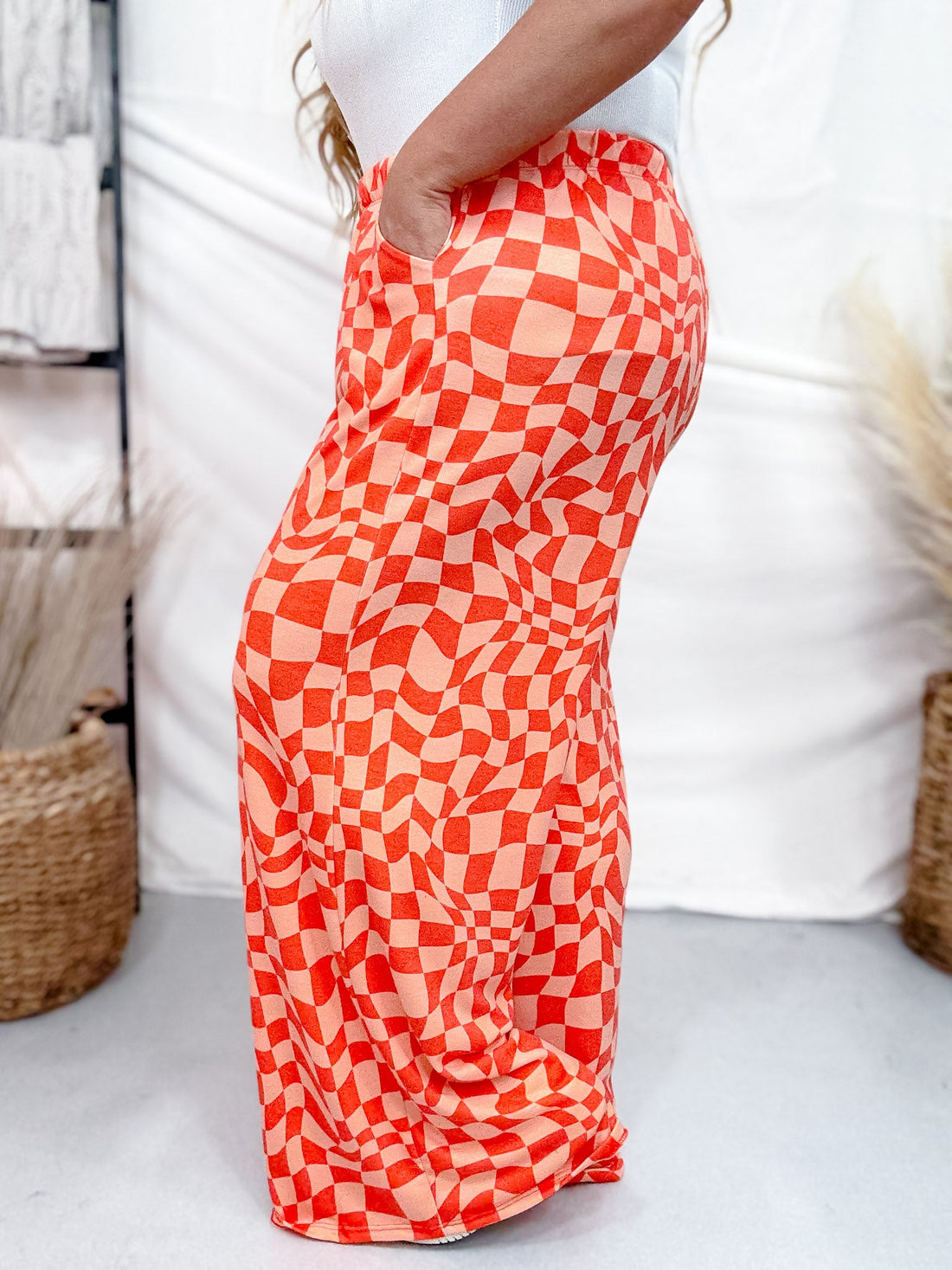 Orange & Peach Wavy Checkered Print High - Waist Straight Leg Pants - Whiskey Skies - JADE BY JANE