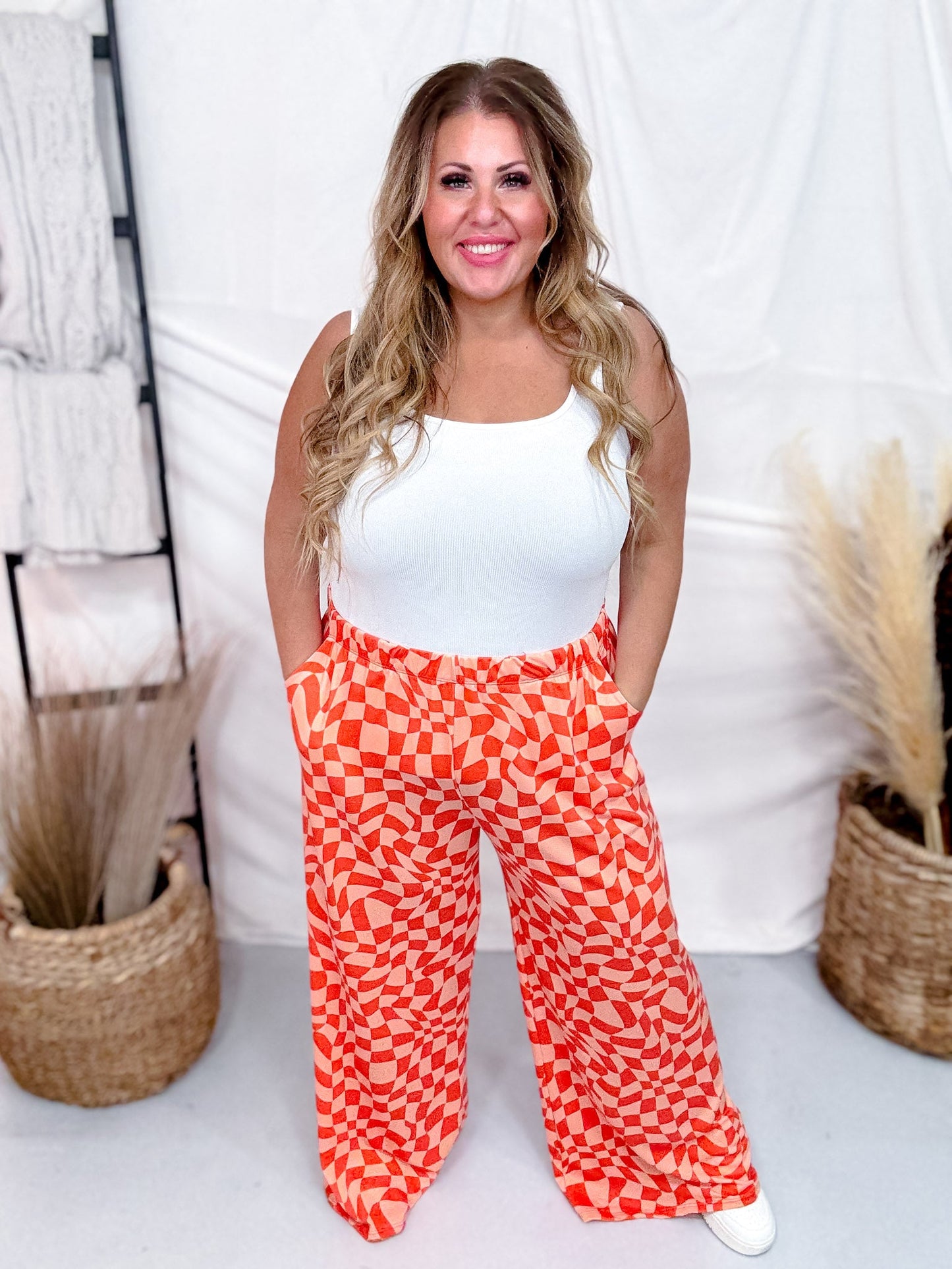 Orange & Peach Wavy Checkered Print High - Waist Straight Leg Pants - Whiskey Skies - JADE BY JANE