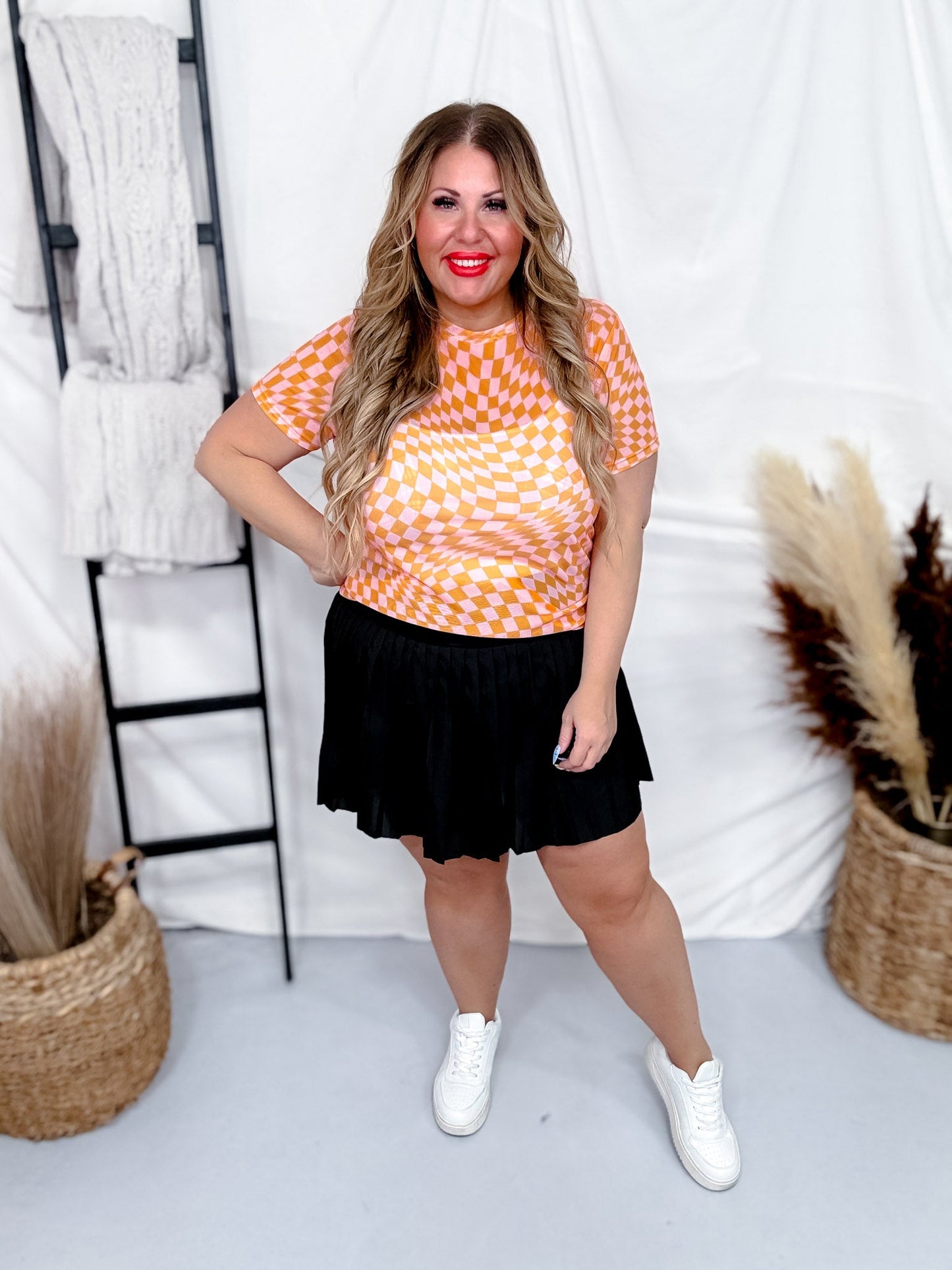 Orange & Pink Checker Short Sleeve Mesh Top - Whiskey Skies - DAVI & DANI