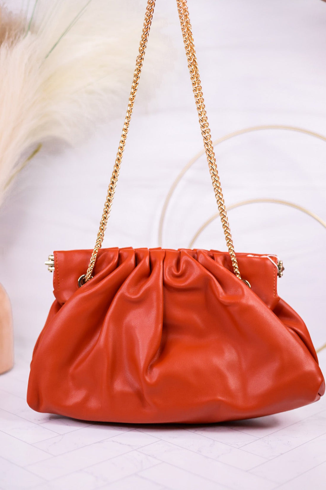 Orange Ruched Shoulder Bag with Gold Chain Strap - Whiskey Skies - SHIRALEAH