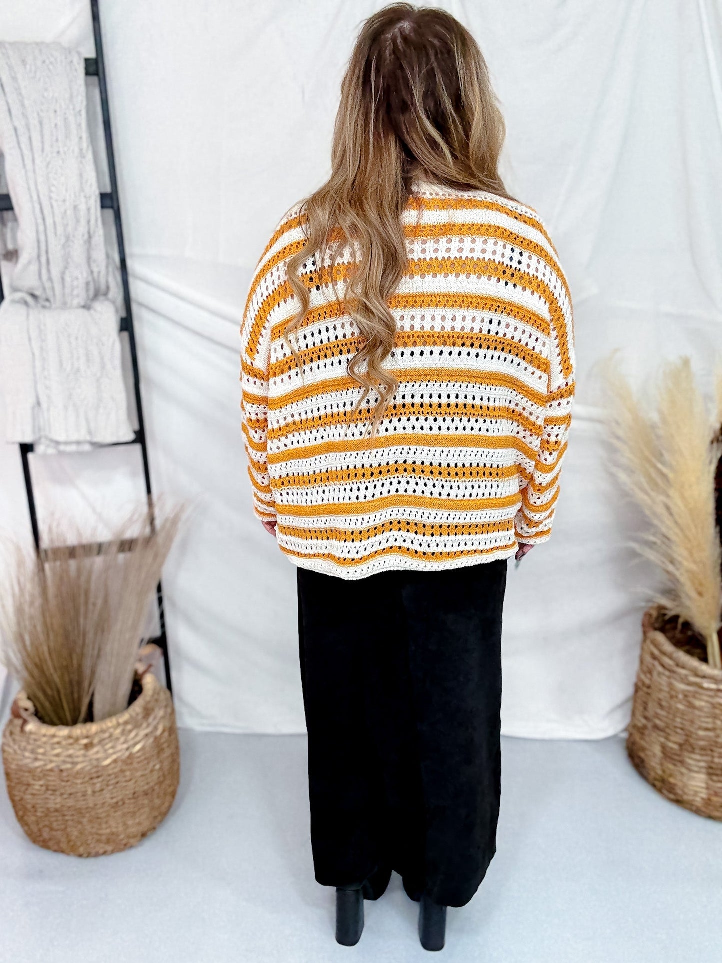 Orange Stripes & Checkered Crocheted Long Sleeve Top - Whiskey Skies - JADE BY JANE