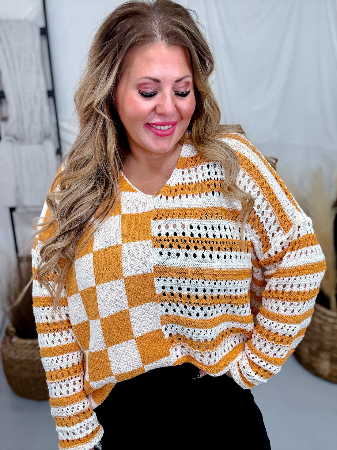 Orange Stripes & Checkered Crocheted Long Sleeve Top - Whiskey Skies - JADE BY JANE