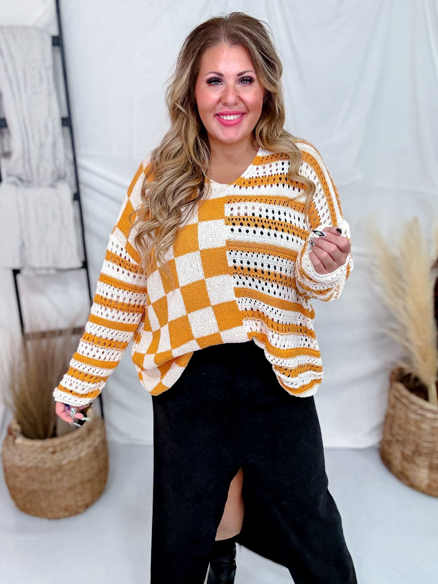 Orange Stripes & Checkered Crocheted Long Sleeve Top - Whiskey Skies - JADE BY JANE