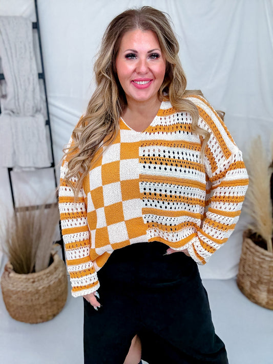 Orange Stripes & Checkered Crocheted Long Sleeve Top - Whiskey Skies - JADE BY JANE