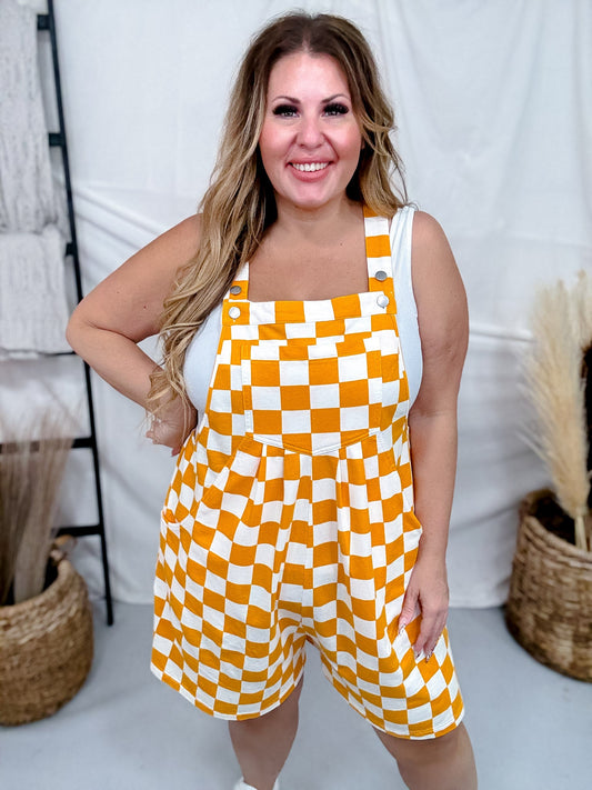 Orange & White Checkerboard Overall Style Romper - Whiskey Skies - ODDI