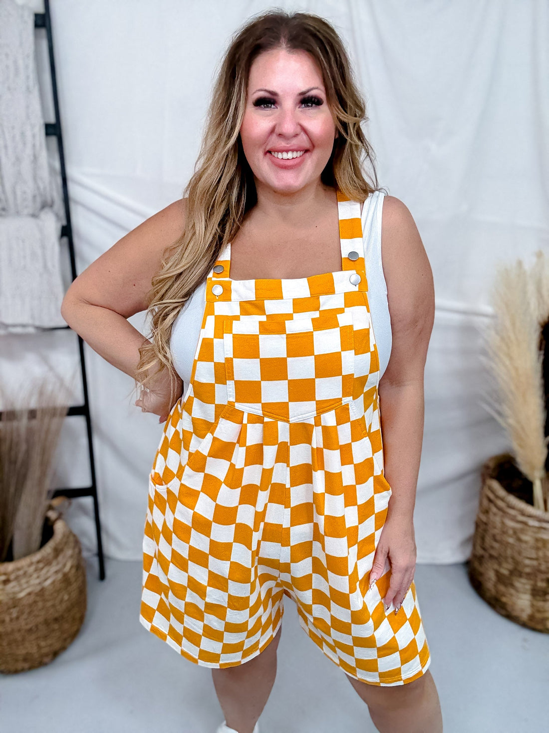 Orange & White Checkerboard Overall Style Romper - Whiskey Skies - ODDI