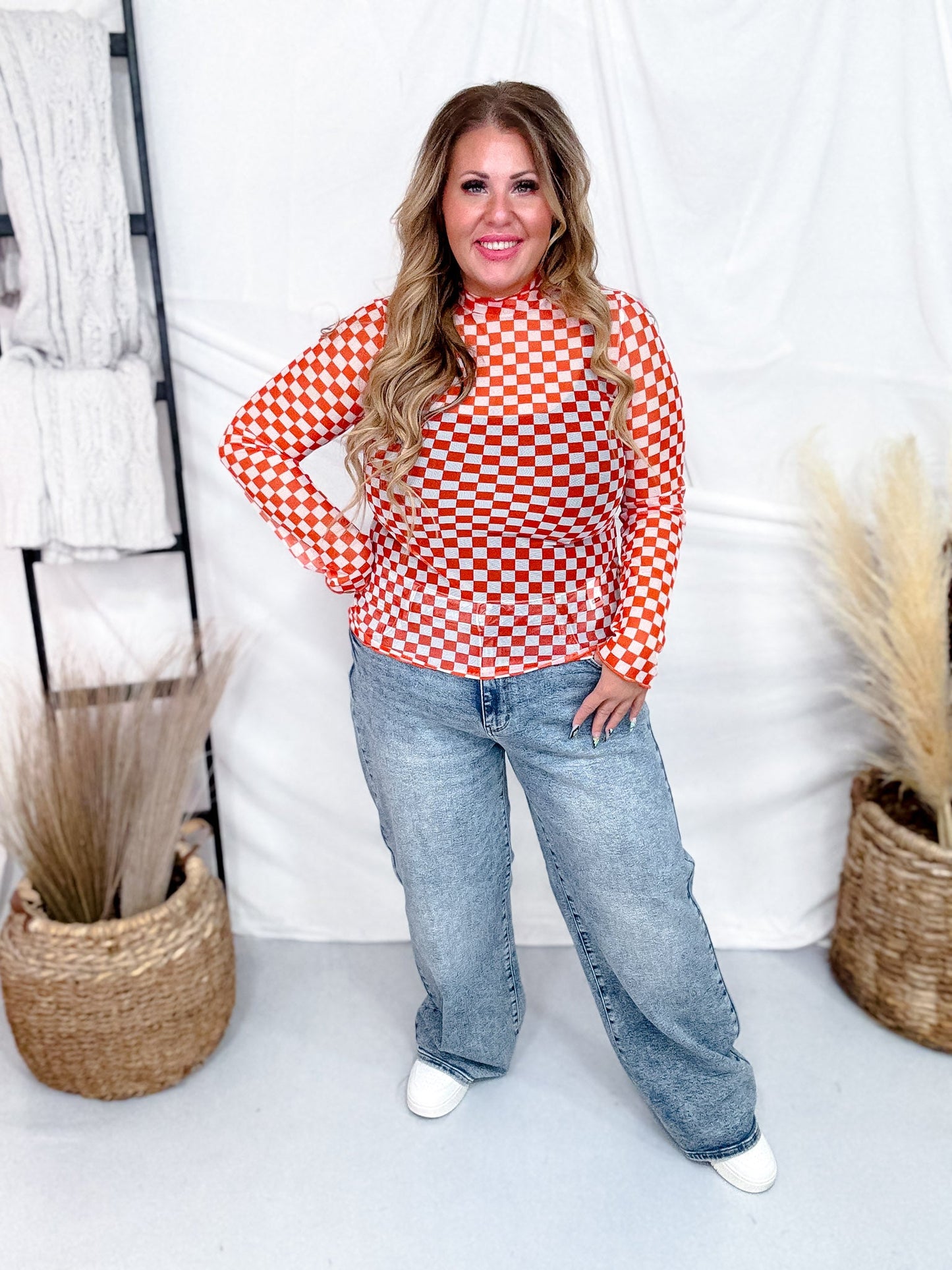 Orange & White Checkerboard Print Mesh Mock Neck Long Sleeve Top - Whiskey Skies - JADE BY JANE