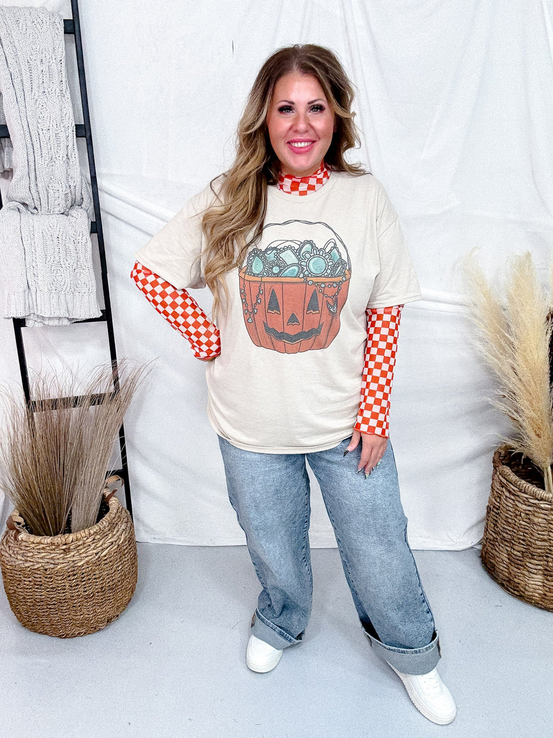 Orange & White Checkerboard Print Mesh Mock Neck Long Sleeve Top - Whiskey Skies - JADE BY JANE
