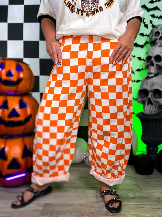Orange & White Checkered Barrel Leg Pants - Whiskey Skies - ODDI