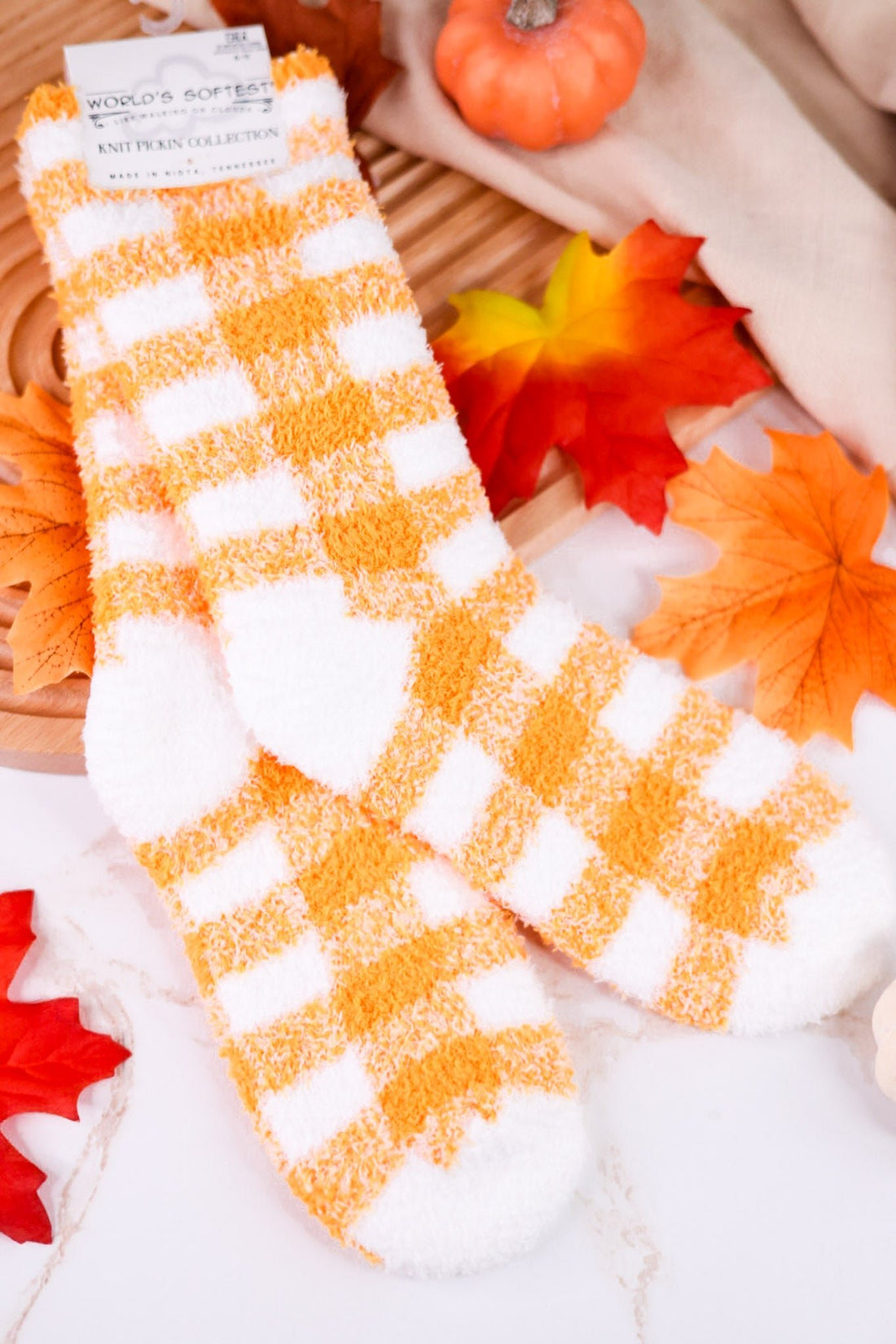 Orange & White Checkered Fuzzy Socks - Whiskey Skies - CRESCENT SOCK COMPANY