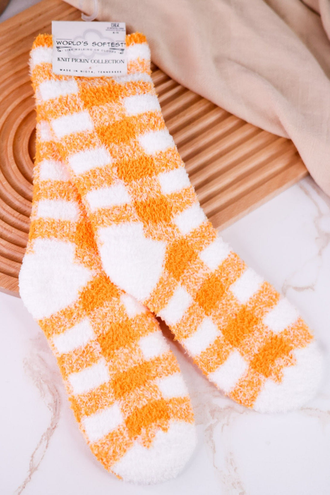 Orange & White Checkered Fuzzy Socks - Whiskey Skies - CRESCENT SOCK COMPANY