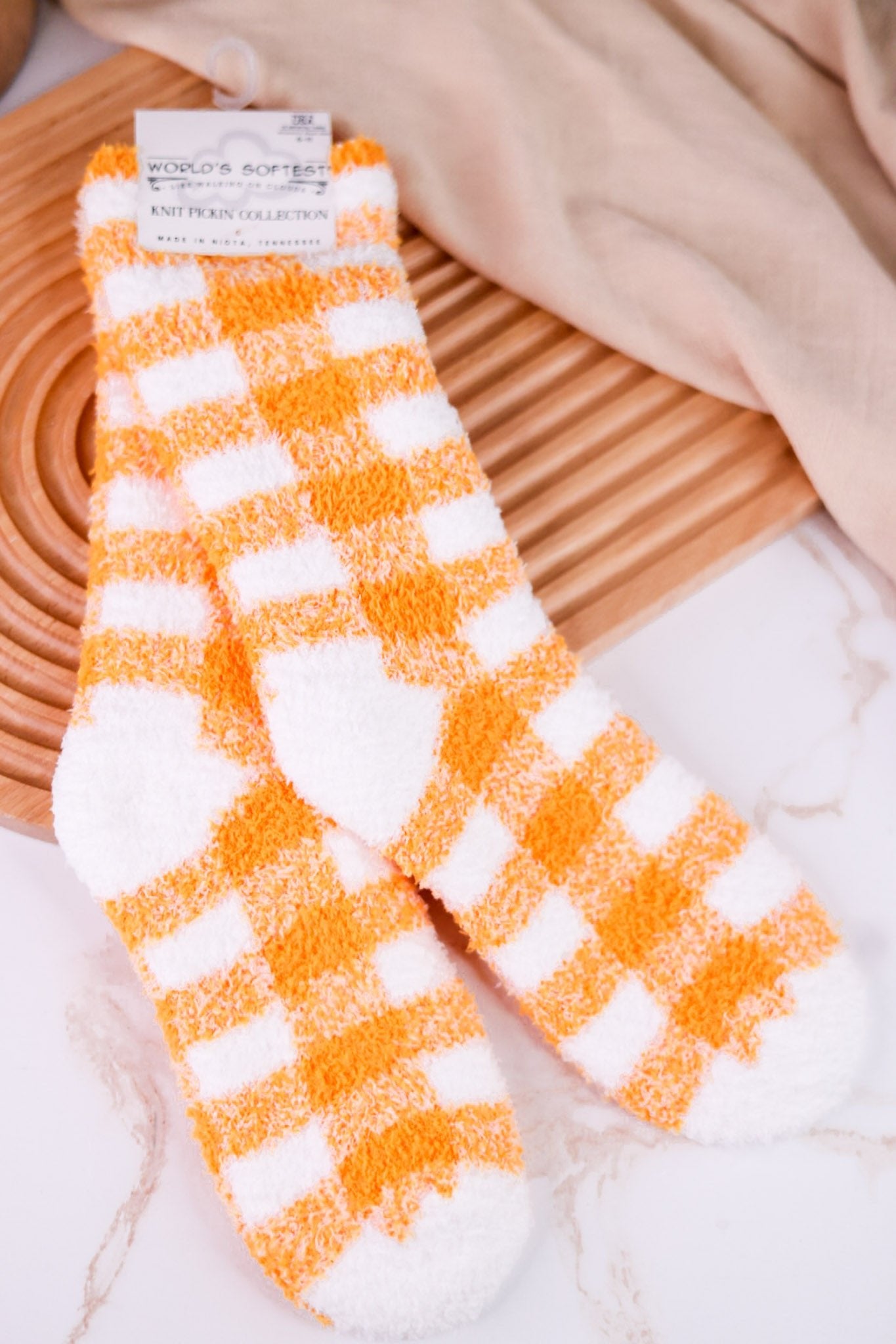 Orange & White Checkered Fuzzy Socks - Whiskey Skies - CRESCENT SOCK COMPANY