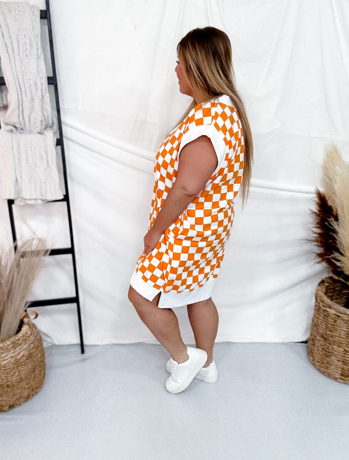 Orange & White Checkered Hi - Lo V - Neck Dress With Side Slit - Whiskey Skies - JADE BY JANE