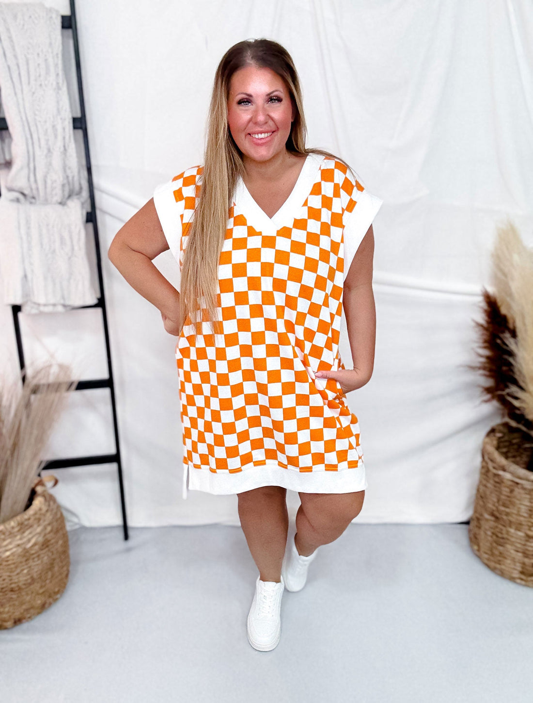 Orange & White Checkered Hi - Lo V - Neck Dress With Side Slit - Whiskey Skies - JADE BY JANE