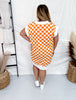 Orange & White Checkered Hi - Lo V - Neck Dress With Side Slit - Whiskey Skies - JADE BY JANE