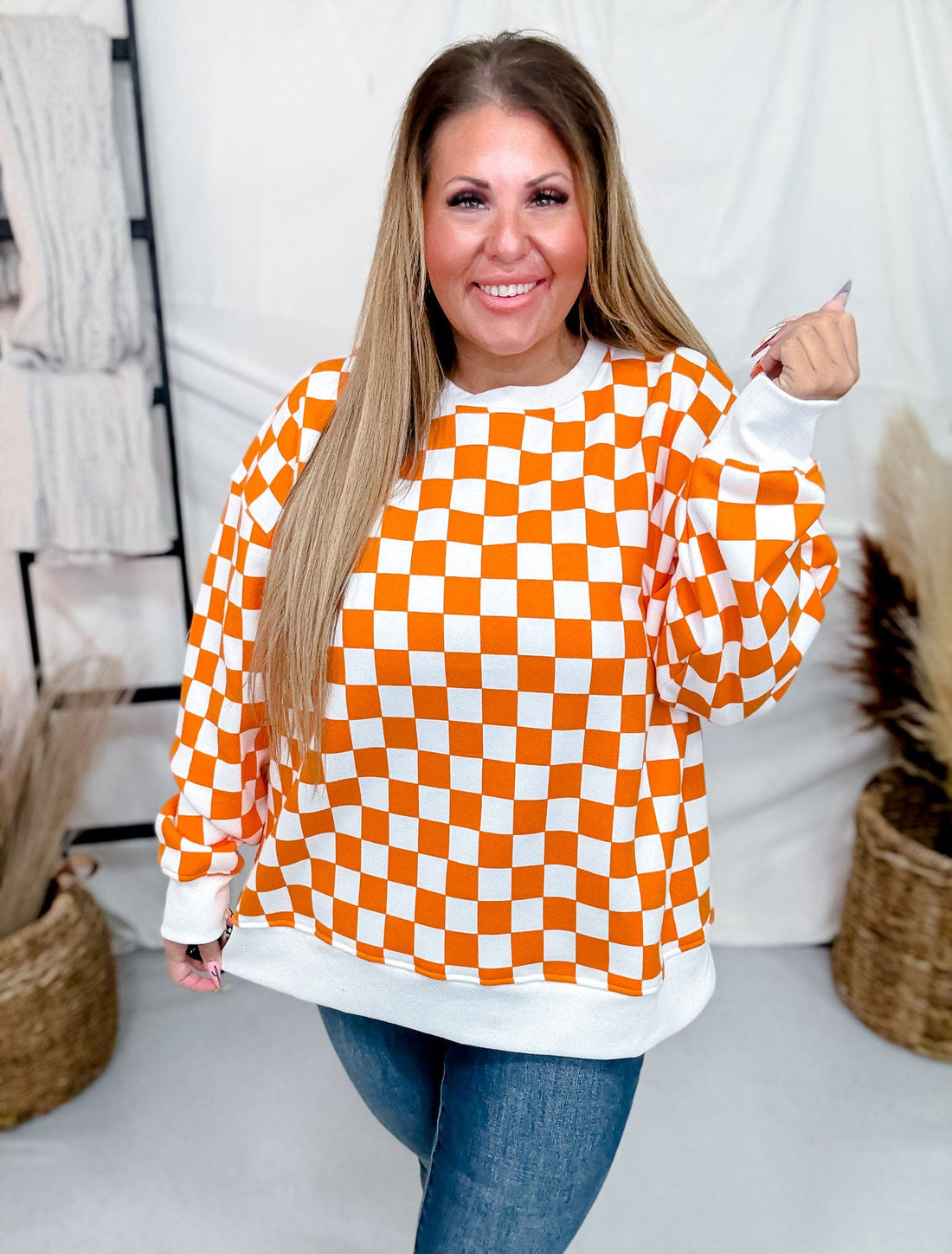 Orange & White Checkered Pull Over Sweatshirt - Whiskey Skies - JADE BY JANE