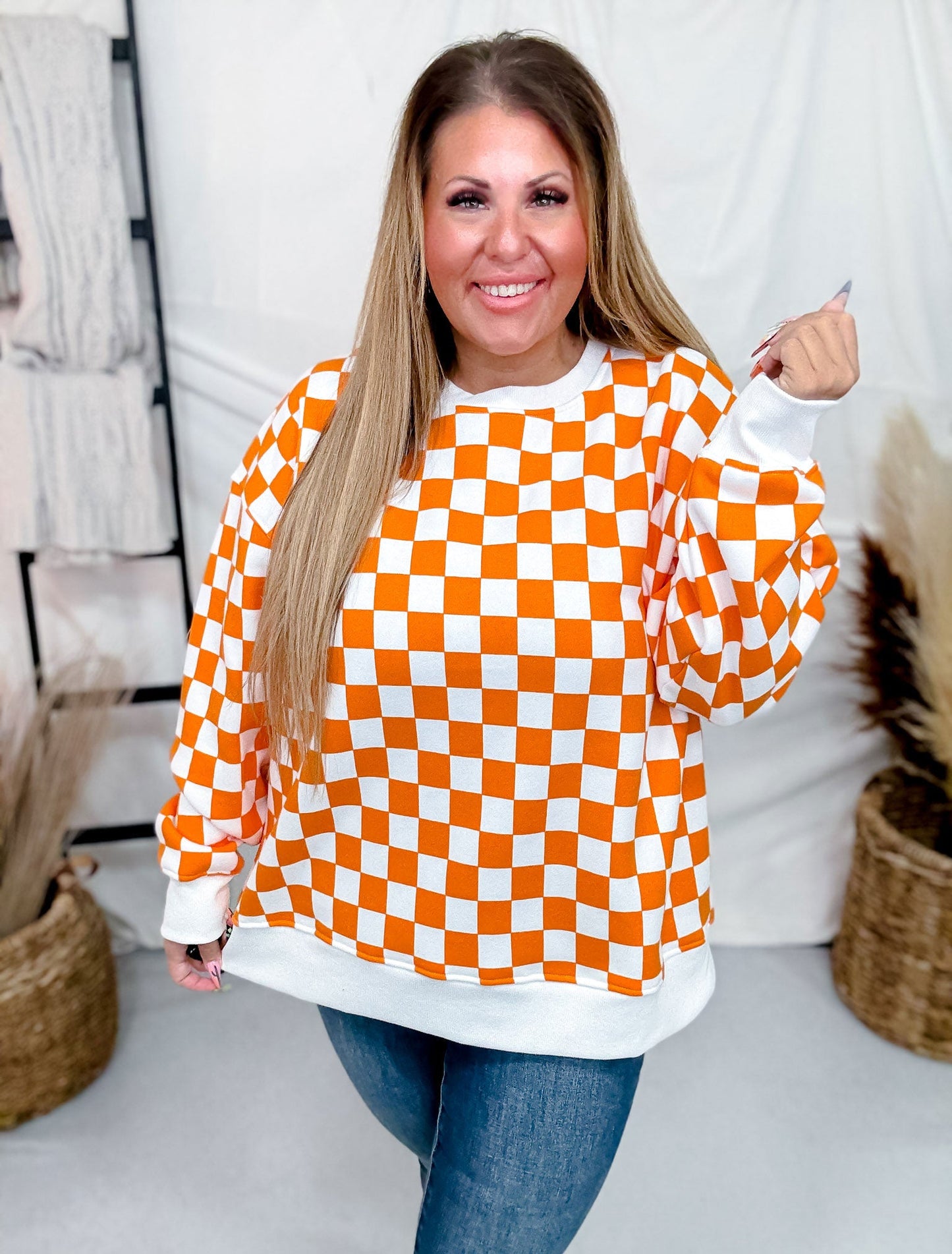 Orange & White Checkered Pull Over Sweatshirt - Whiskey Skies - JADE BY JANE