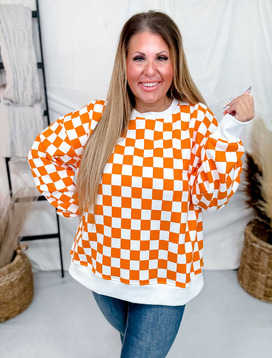 Orange & White Checkered Pull Over Sweatshirt - Whiskey Skies - JADE BY JANE