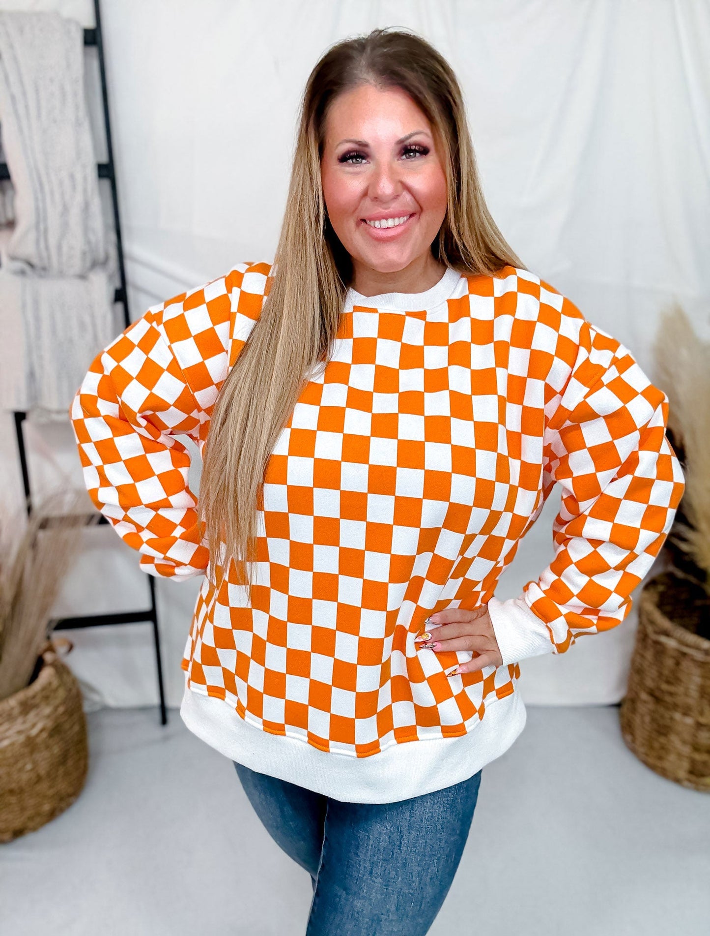 Orange & White Checkered Pull Over Sweatshirt - Whiskey Skies - JADE BY JANE