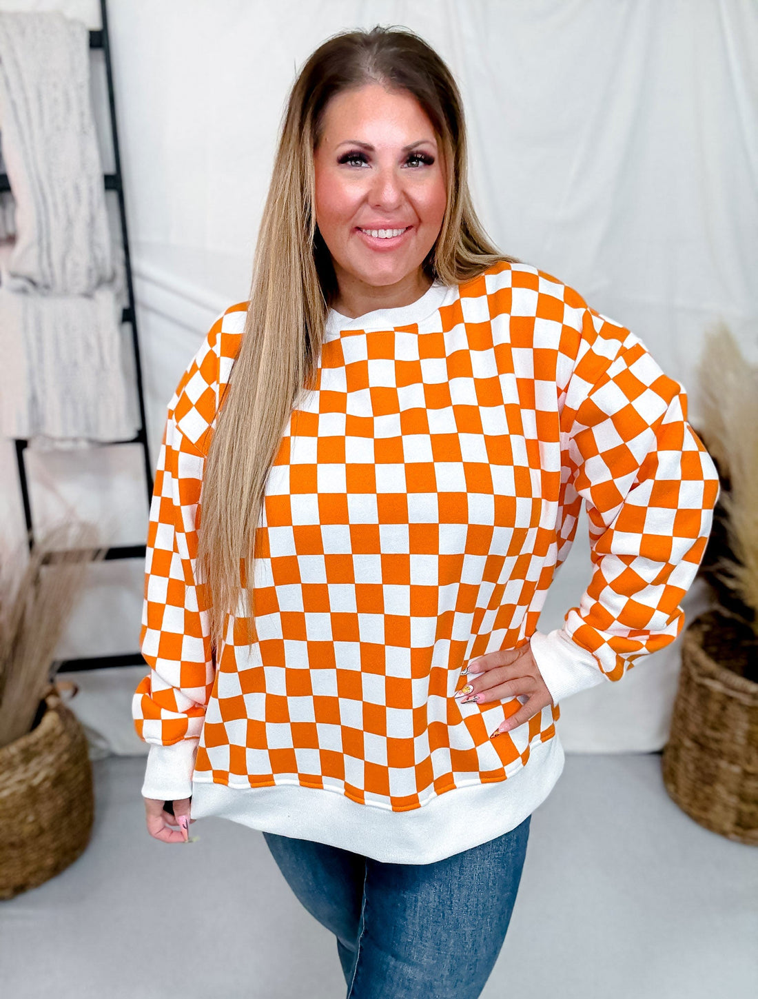 Orange & White Checkered Pull Over Sweatshirt - Whiskey Skies - JADE BY JANE