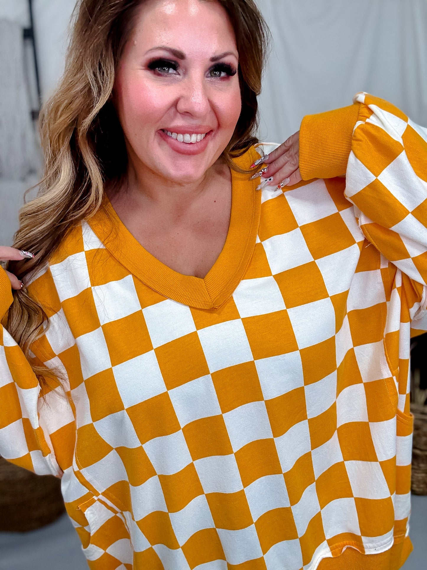 Orange & White Checkered V - Neck Sweatshirt - Whiskey Skies - ODDI