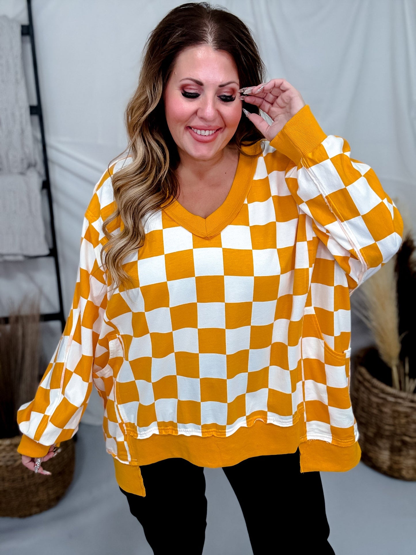 Orange & White Checkered V - Neck Sweatshirt - Whiskey Skies - ODDI