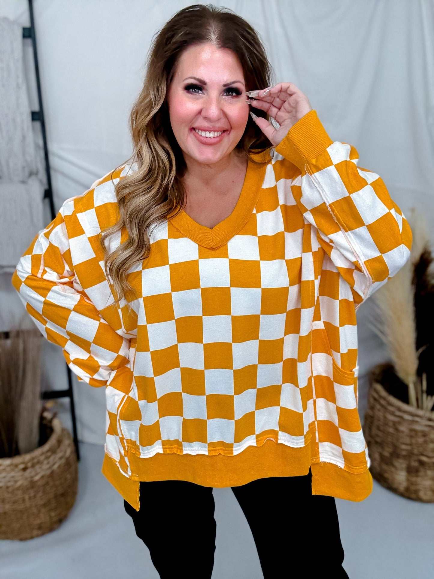Orange & White Checkered V - Neck Sweatshirt - Whiskey Skies - ODDI