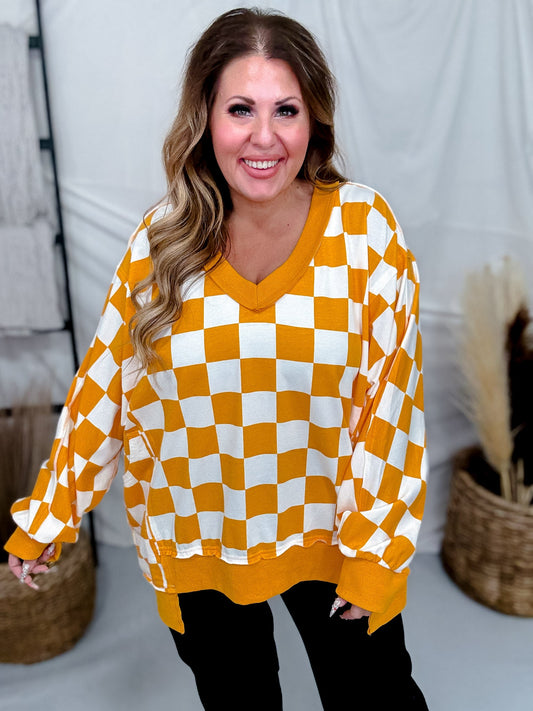 Orange & White Checkered V - Neck Sweatshirt - Whiskey Skies - ODDI