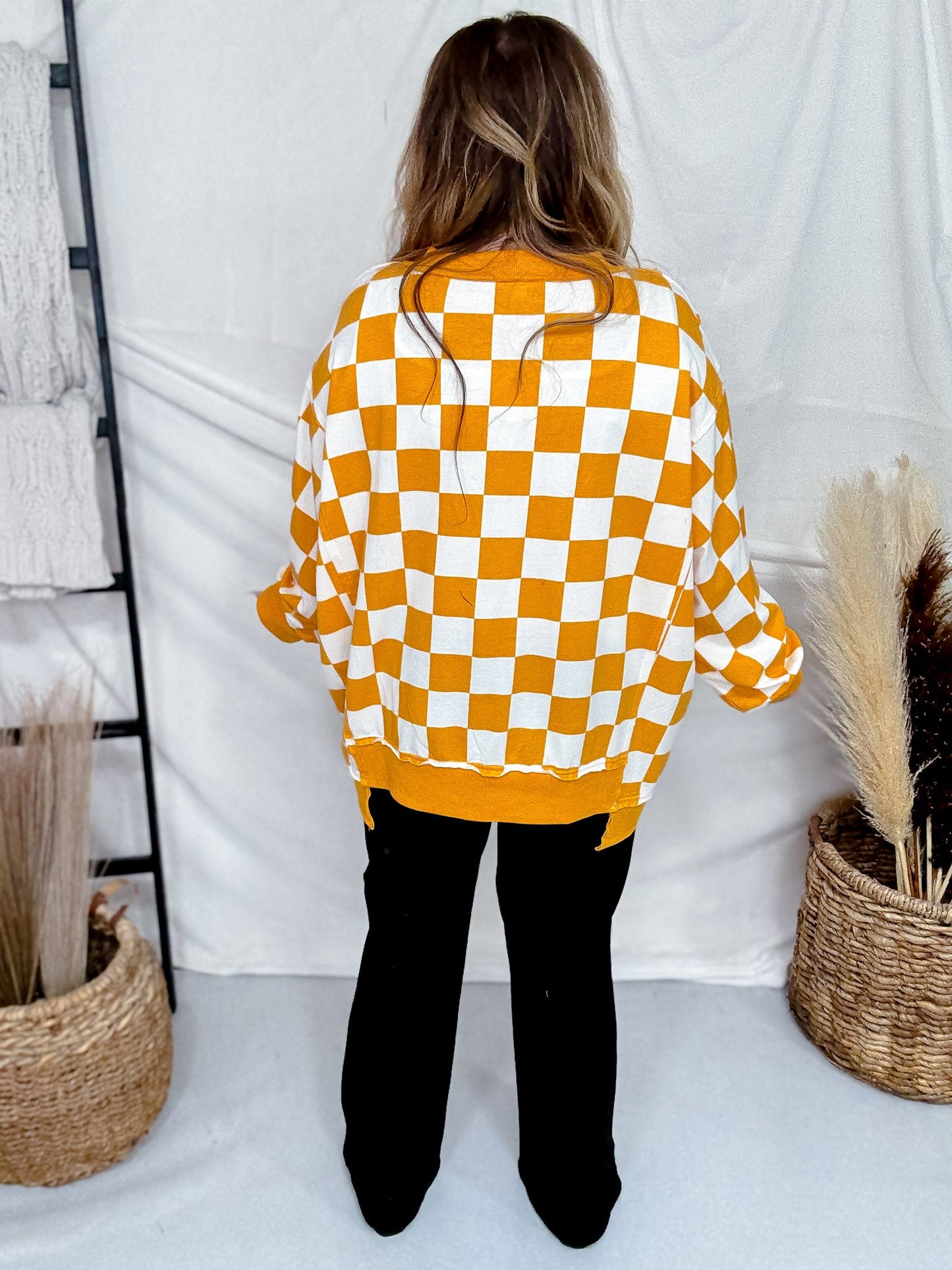 Orange & White Checkered V - Neck Sweatshirt - Whiskey Skies - ODDI