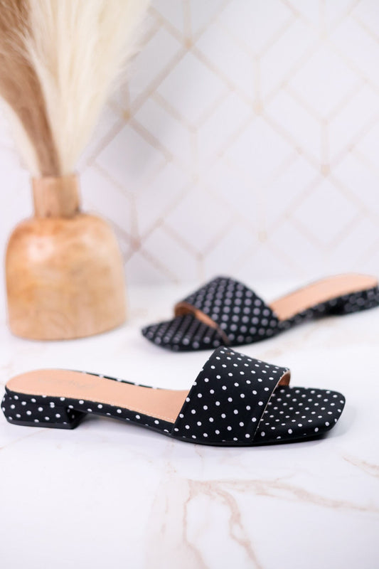 "Our Lil Secret" Black & White Polka Dot Slip On Mules - Whiskey Skies - CORKYS FOOTWEAR