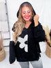 Oversized Black Knit Hoodie with Flower Patch - Whiskey Skies - DAVI & DANI