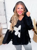 Oversized Black Knit Hoodie with Flower Patch - Whiskey Skies - DAVI & DANI