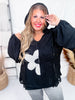 Oversized Black Knit Hoodie with Flower Patch - Whiskey Skies - DAVI & DANI