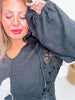 Oversized Black Knit Hoodie with Flower Patch - Whiskey Skies - DAVI & DANI