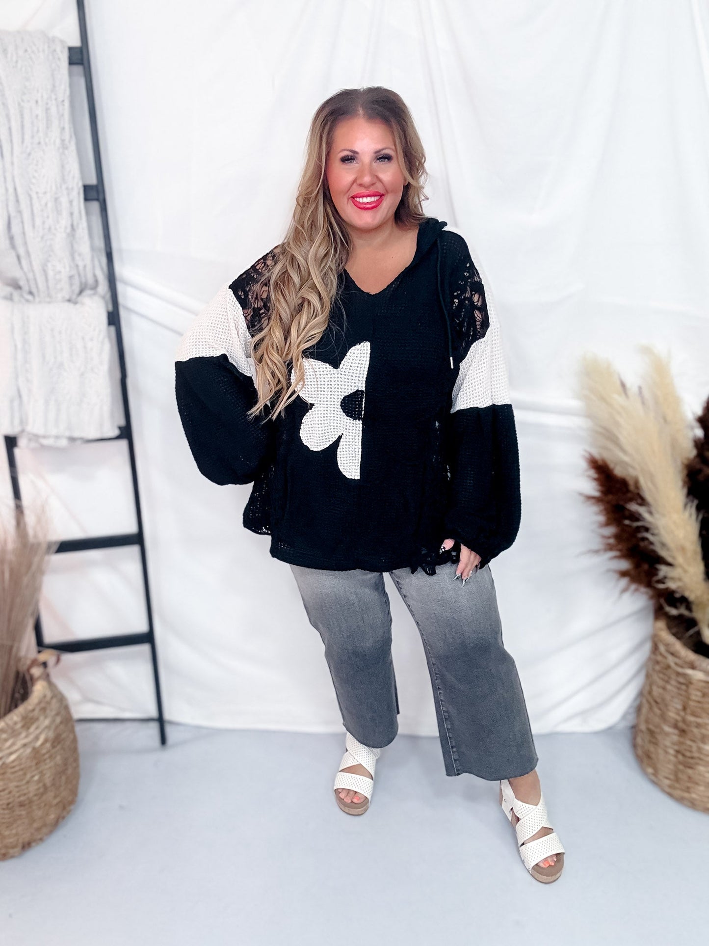 Oversized Black Knit Hoodie with Flower Patch - Whiskey Skies - DAVI & DANI